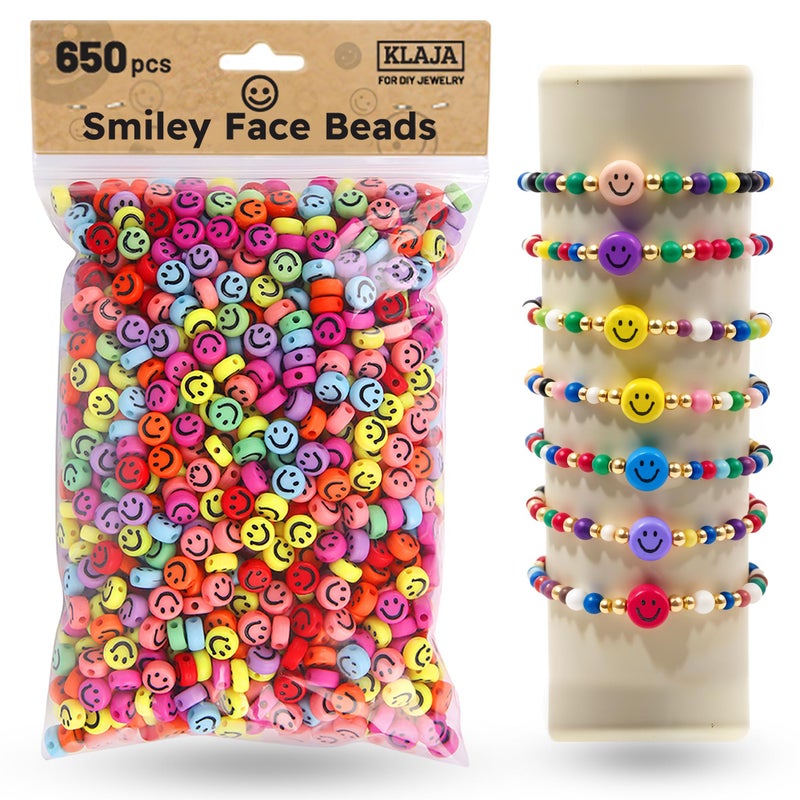 KLAJA 650 Pcs of Smiley Face Beads, 7x4 mm, Big Pack | Mixed Colorful Beads, Happy Face Bead's for DIY Jewelry Bracelet Earring Necklace Craft Making Supplies - Image 1
